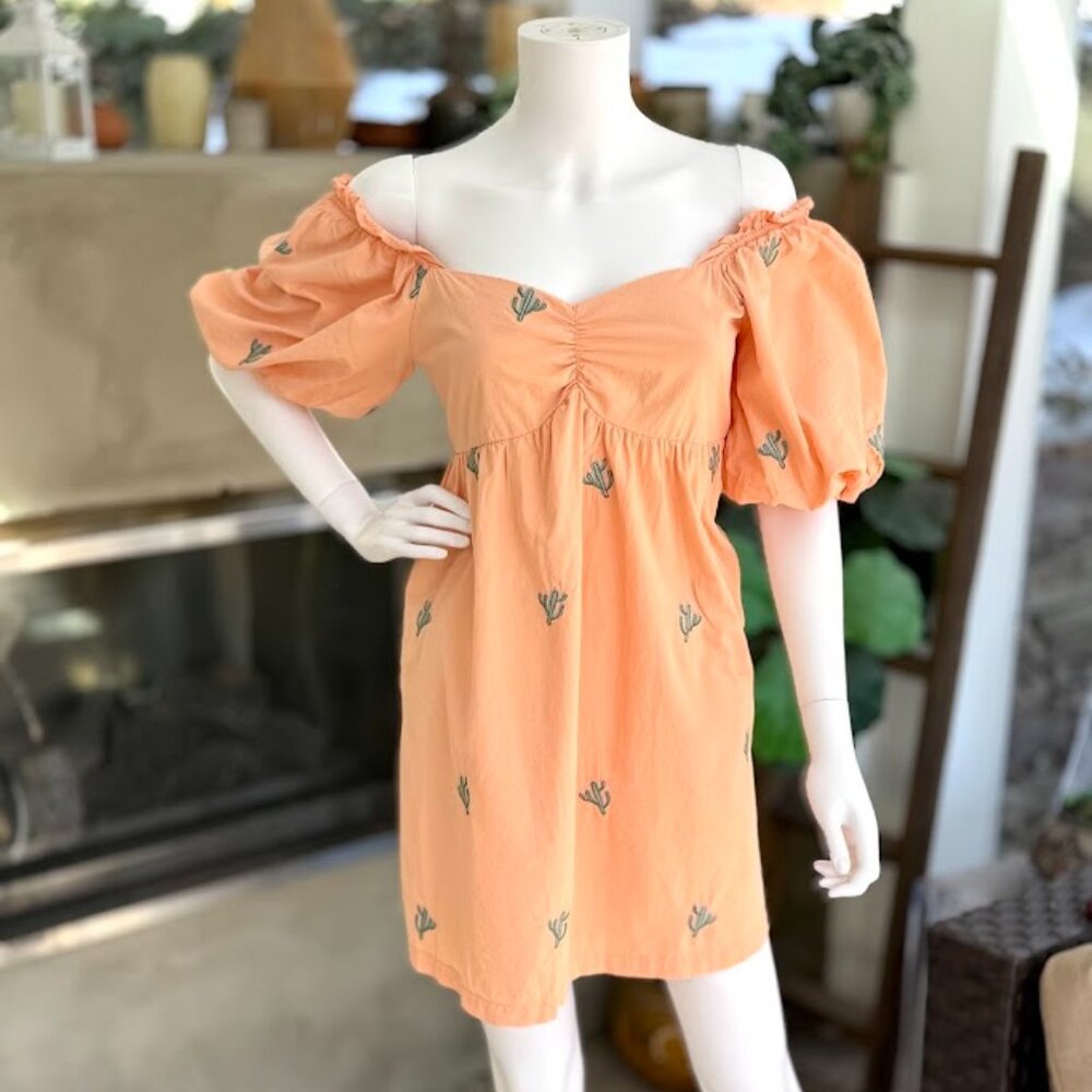 Altar'd State Peach Cactus Western Dress Puff Sleeve Medium
